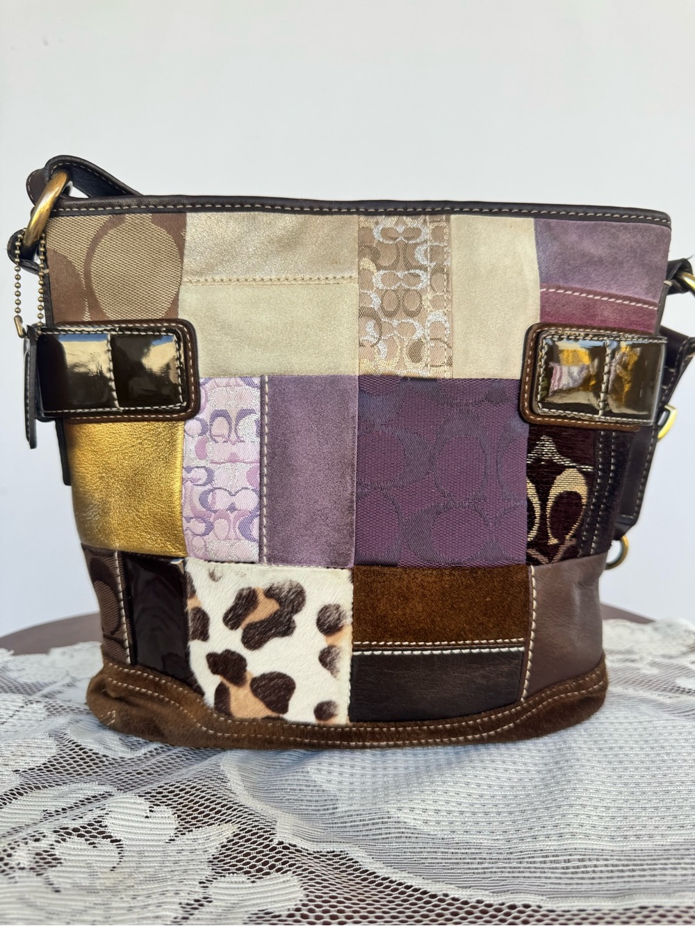 Coach Vintage Holiday Patchwork Crossbody Bag/ Shoulder BagBrown, Purple & Cream